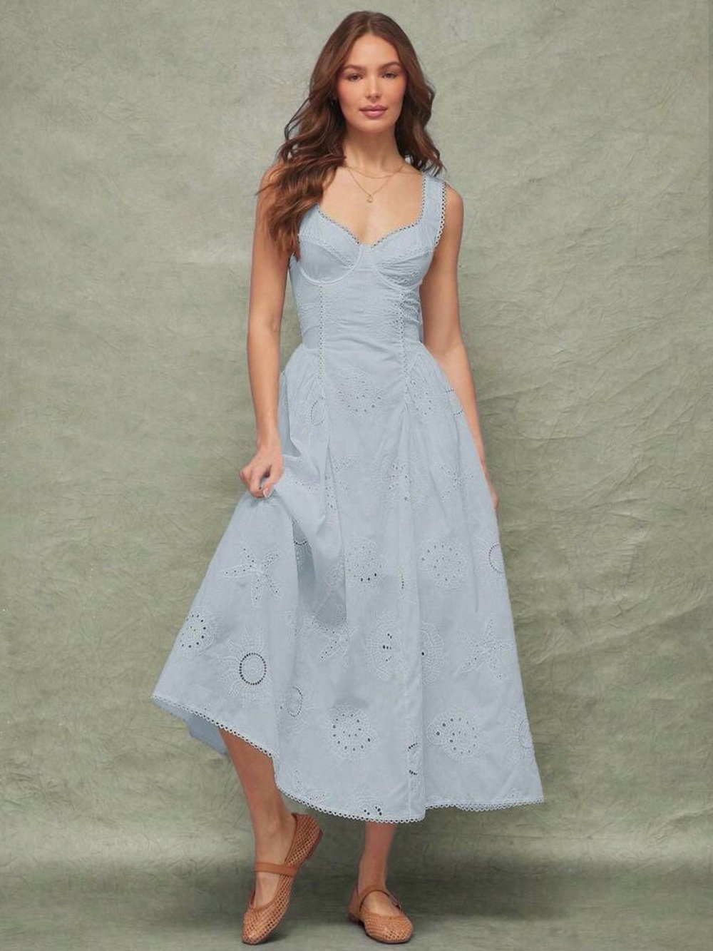 Light Blue Eyelet Midi Dress - Sleeveless Sweetheart Neck